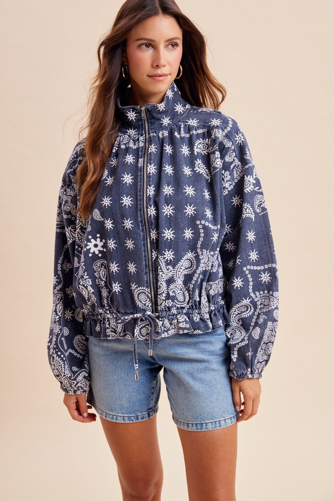 Marcy Bandana Print Drawstring Waist Bomber Jacket - Westly