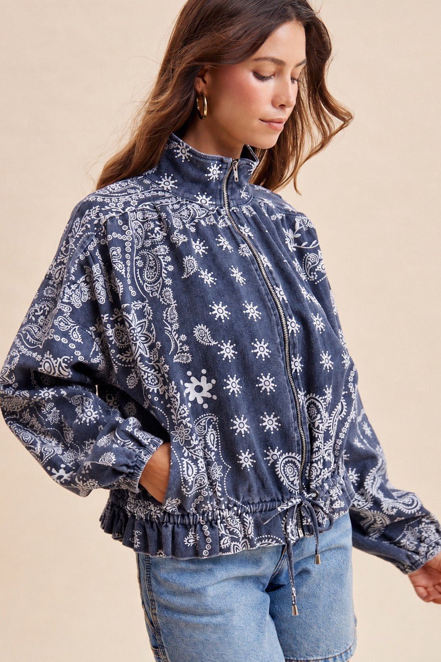Marcy Bandana Print Drawstring Waist Bomber Jacket - Westly