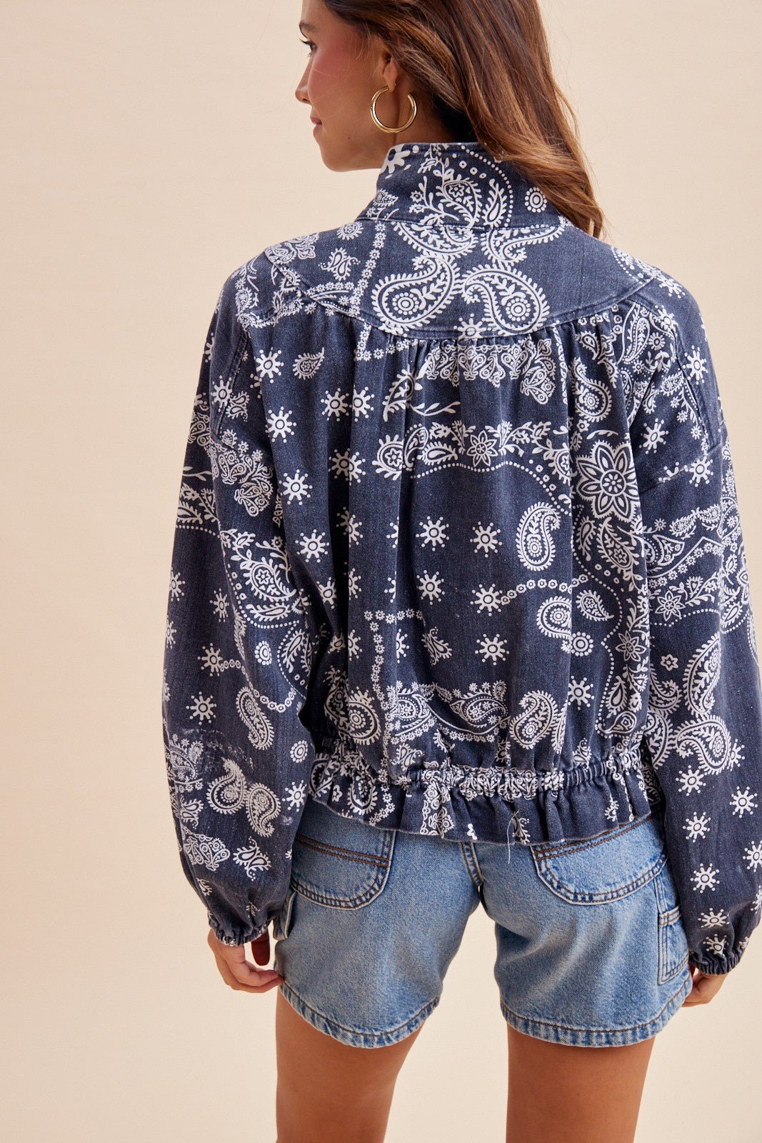 Marcy Bandana Print Drawstring Waist Bomber Jacket - Westly