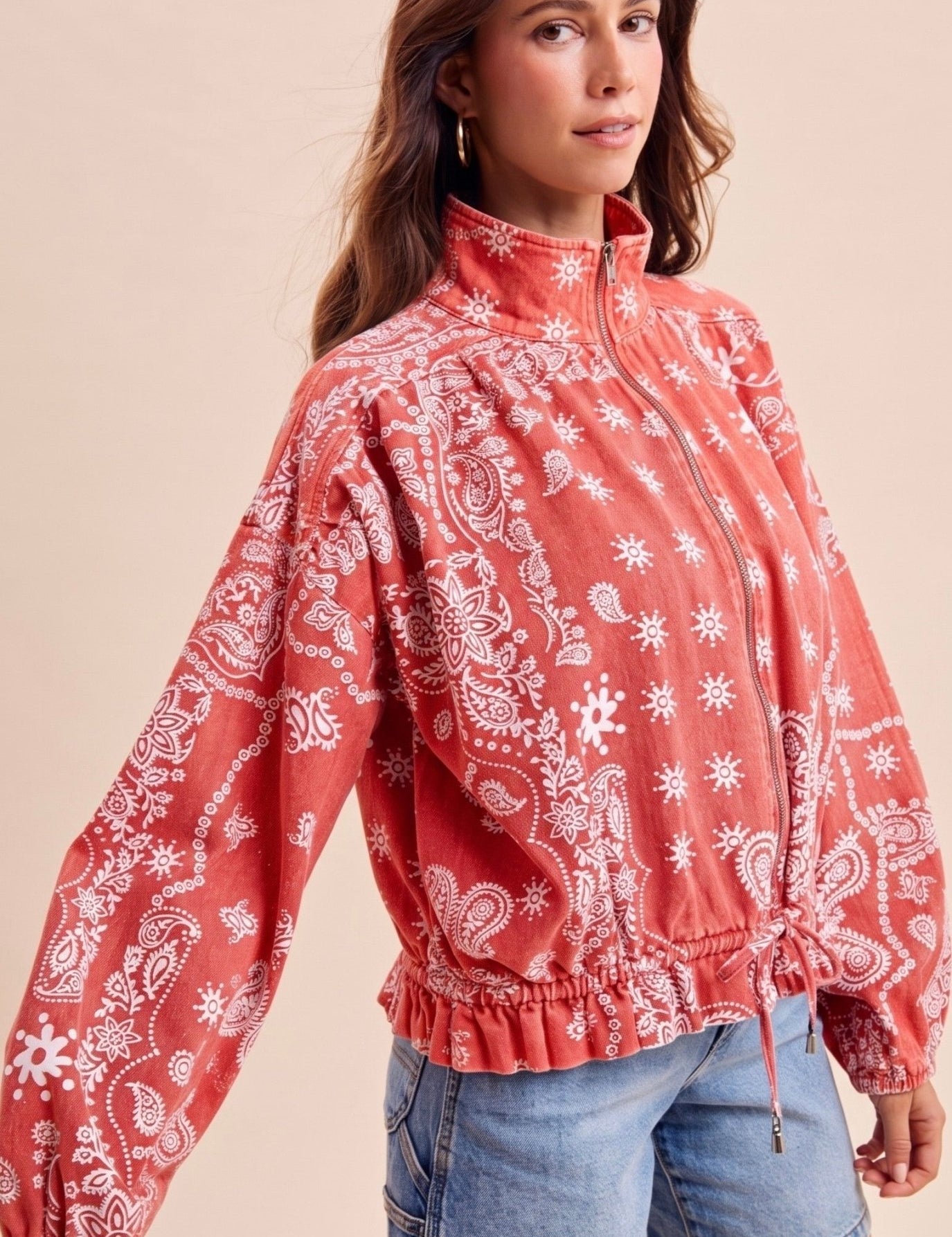 Marcy Bandana Print Drawstring Waist Bomber Jacket - Westly