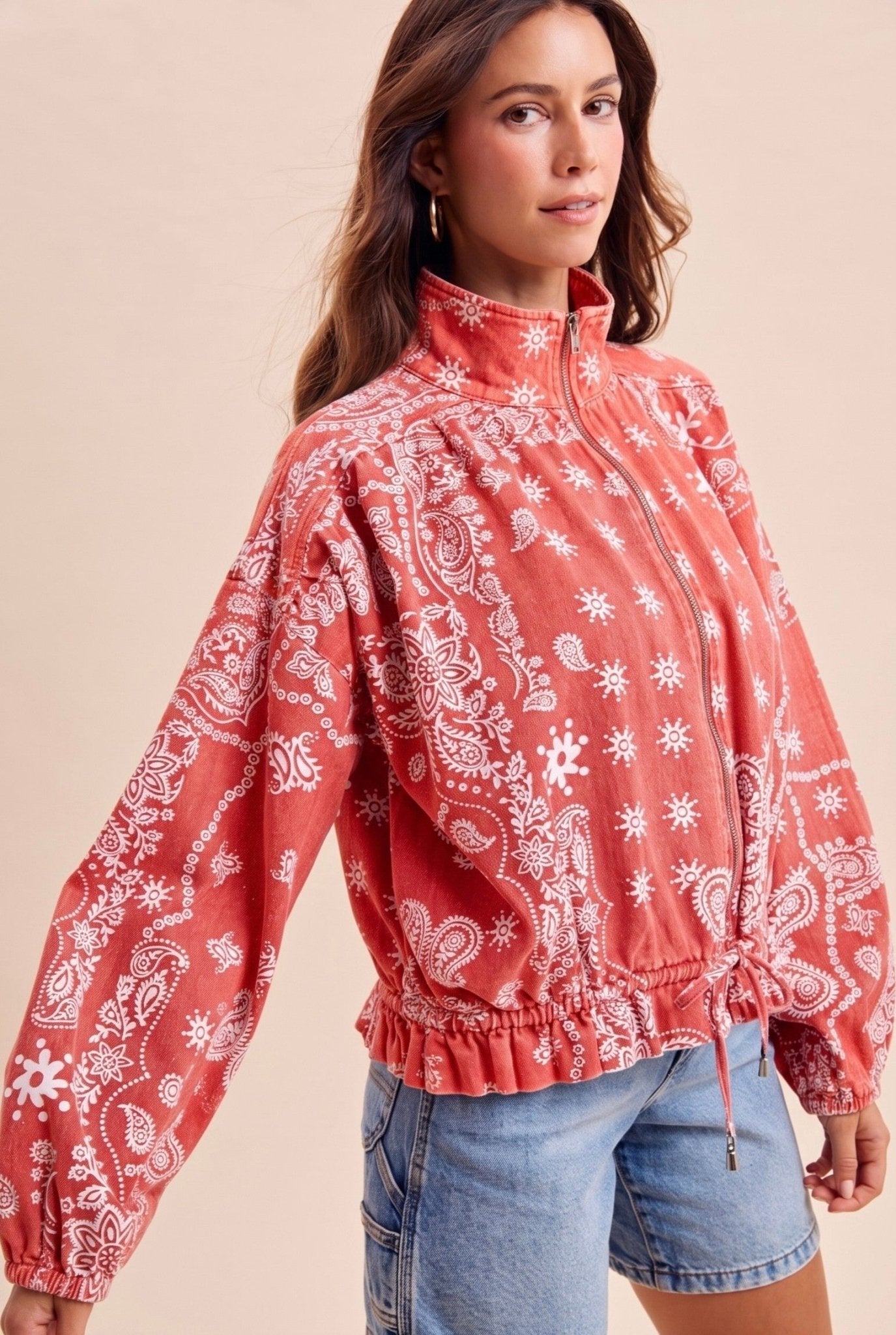 Marcy Bandana Print Drawstring Waist Bomber Jacket - Westly