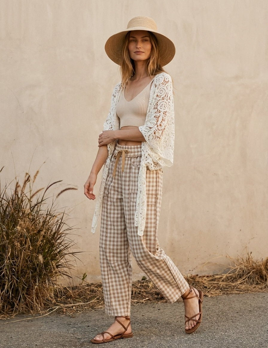 Maren Soft Brushed Gingham Barrel Fit Utility Pants - Westly