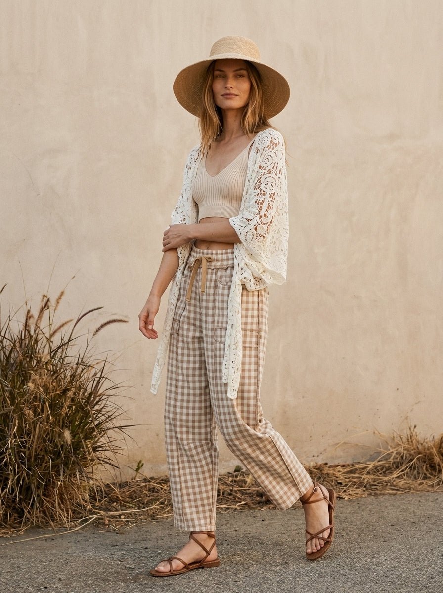 Maren Soft Brushed Gingham Barrel Fit Utility Pants - Westly