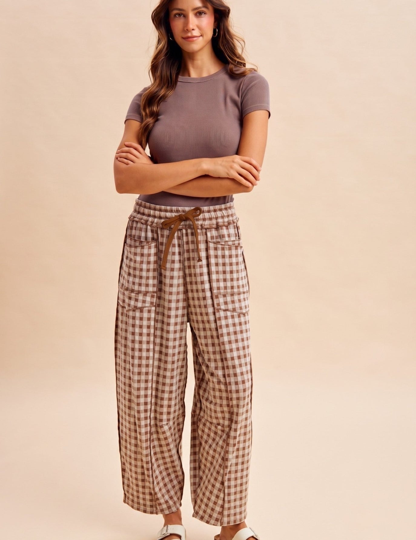 Maren Soft Brushed Gingham Barrel Fit Utility Pants - Westly