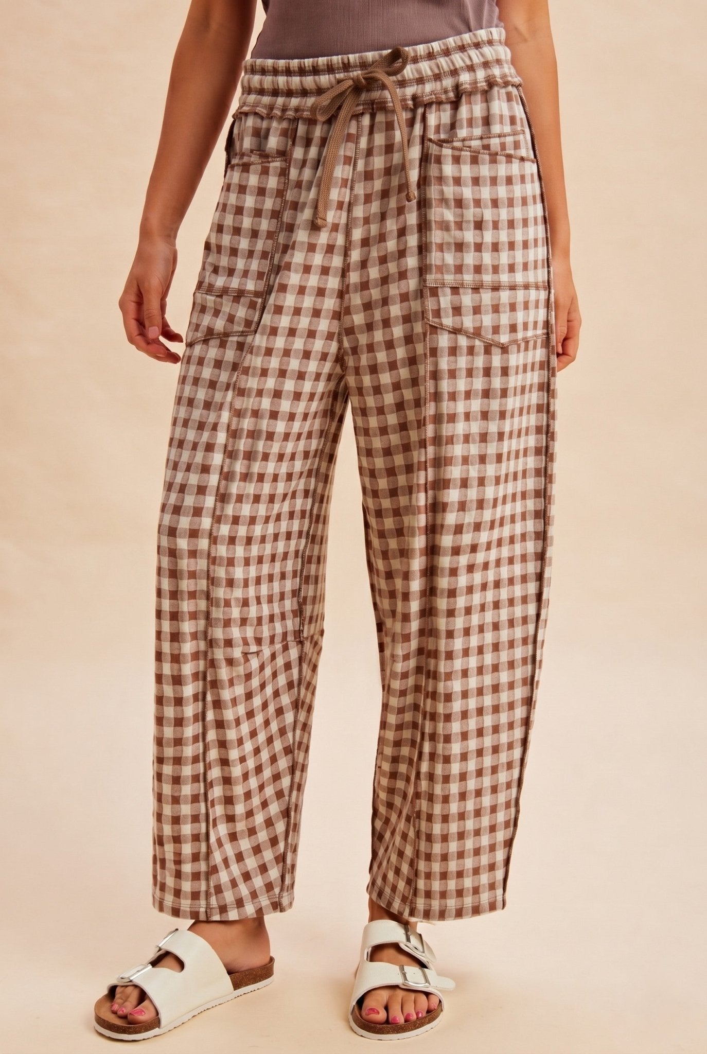 Maren Soft Brushed Gingham Barrel Fit Utility Pants - Westly