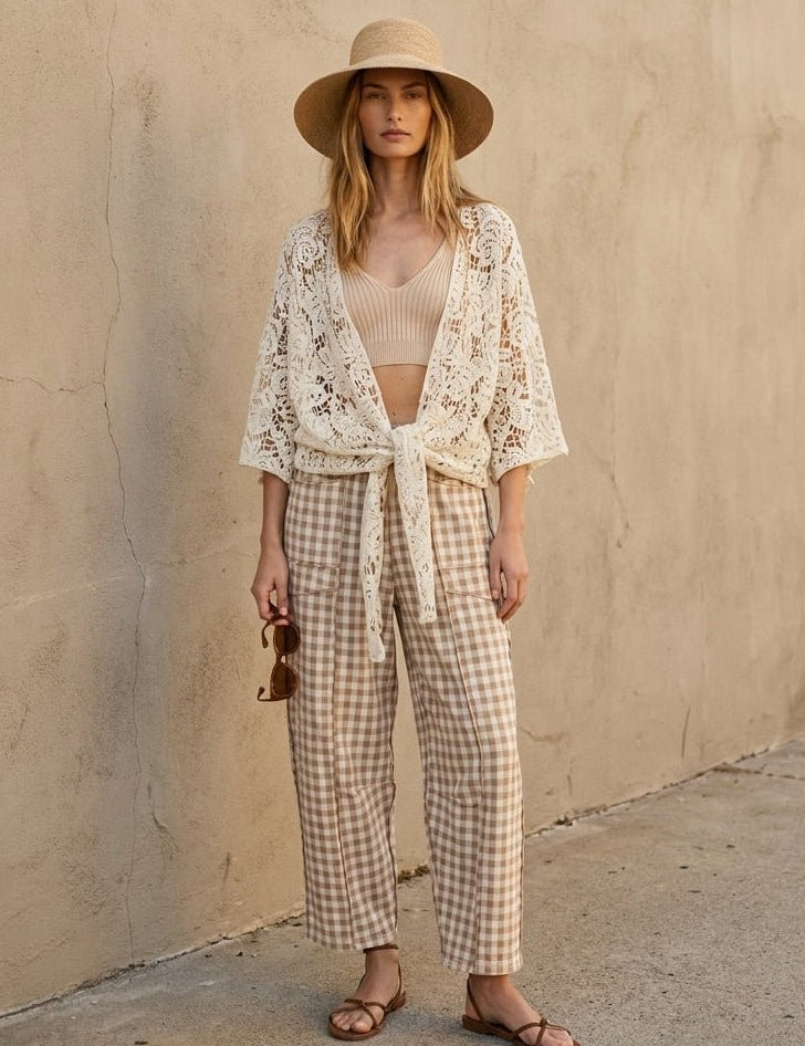 Maren Soft Brushed Gingham Barrel Fit Utility Pants - Westly