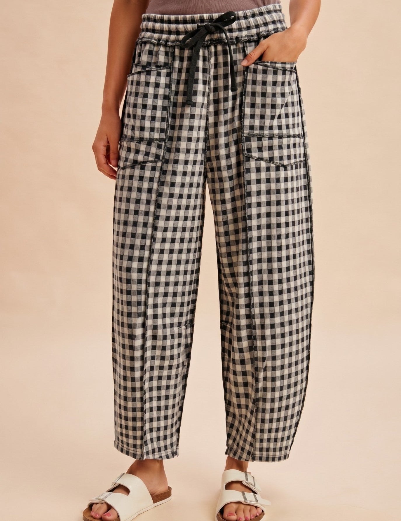 Maren Soft Brushed Gingham Barrel Fit Utility Pants - Westly