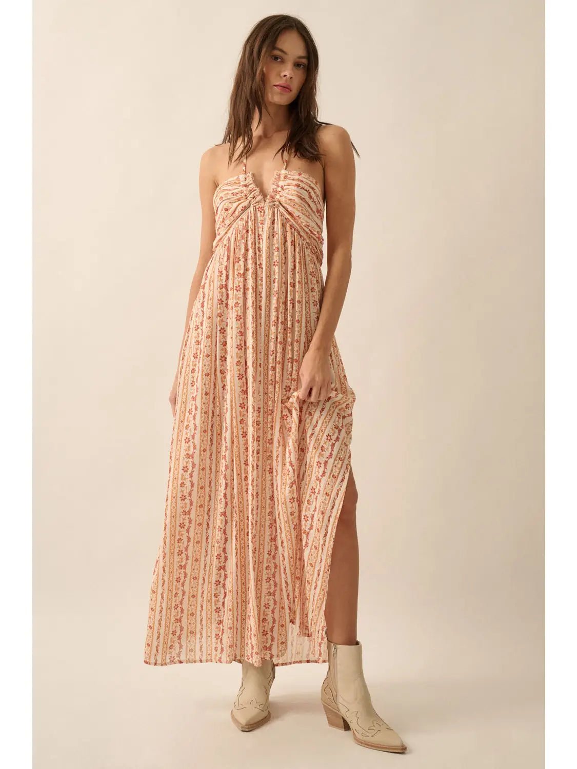 Marisol Floral - Stripe Tie - Back Maxi Halter Dress - Westly