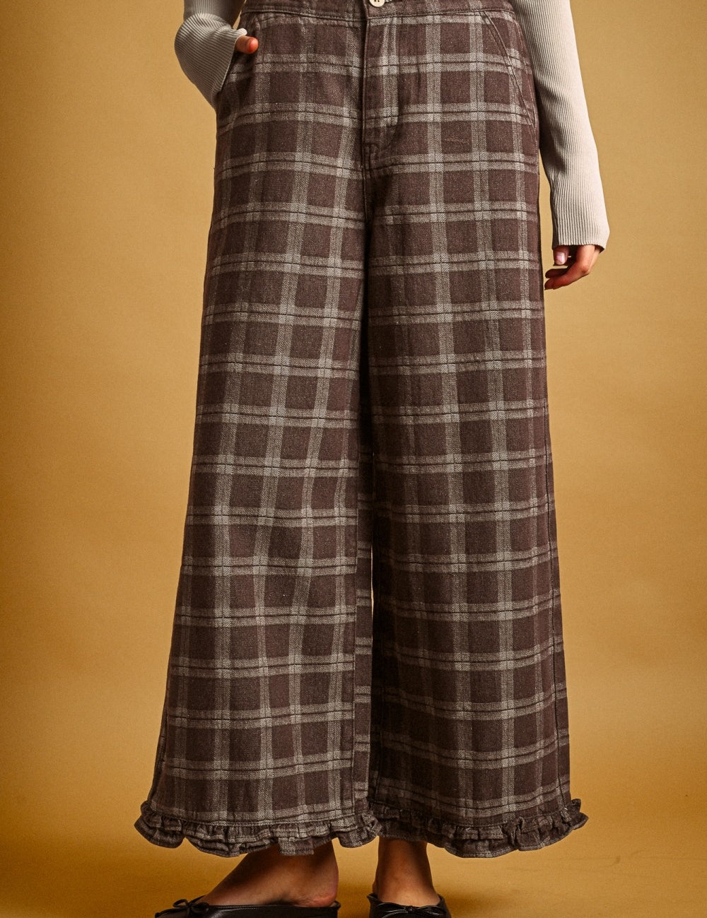 Marnie Plaid Ruffle Hem Pants - Chocolate