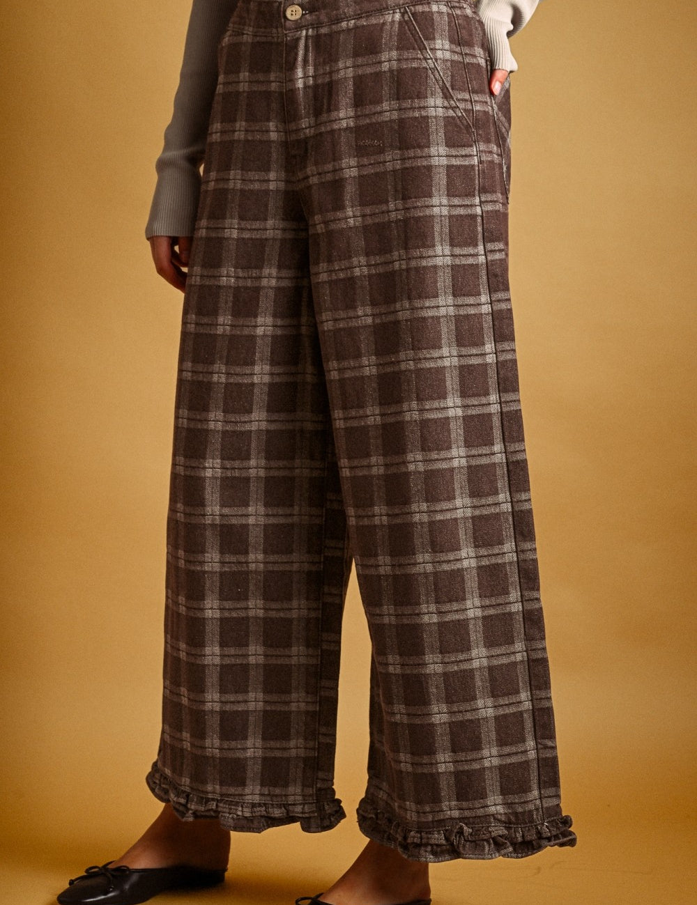 Marnie Plaid Ruffle Hem Pants - Chocolate