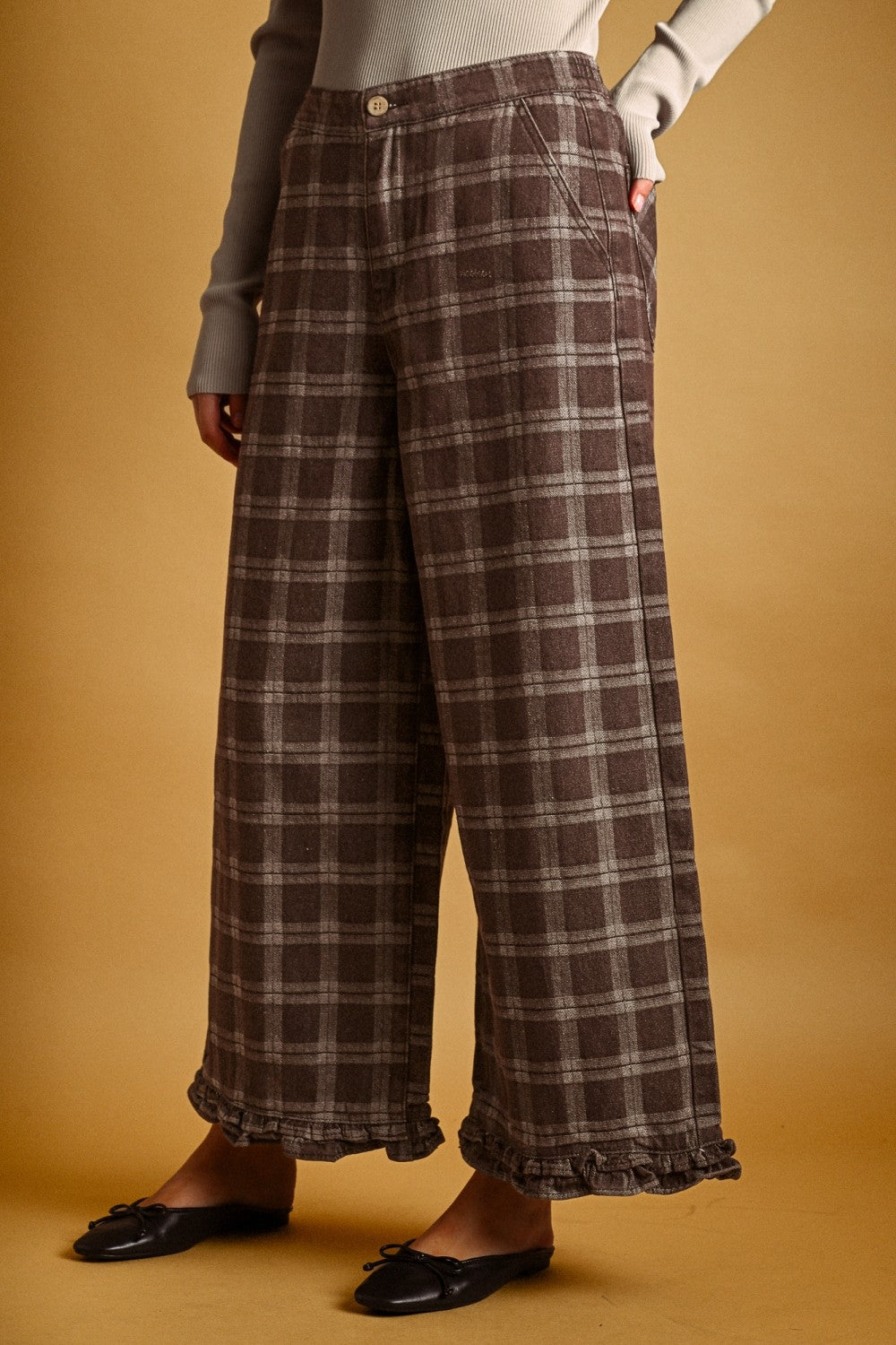 Marnie Plaid Ruffle Hem Pants - Chocolate