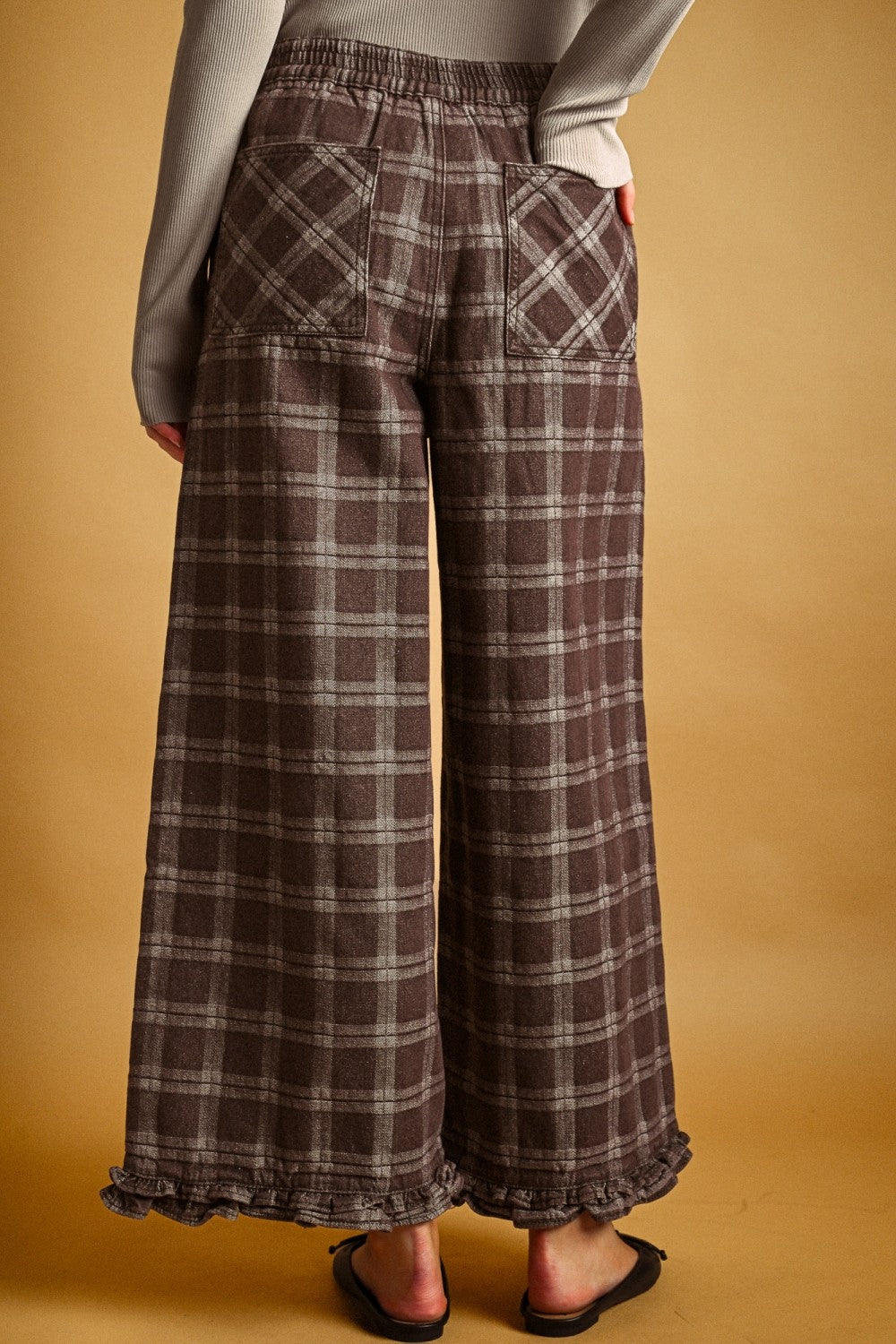 Marnie Plaid Ruffle Hem Pants - Chocolate
