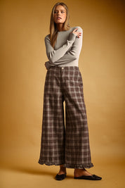 Marnie Plaid Ruffle Hem Pants - Chocolate