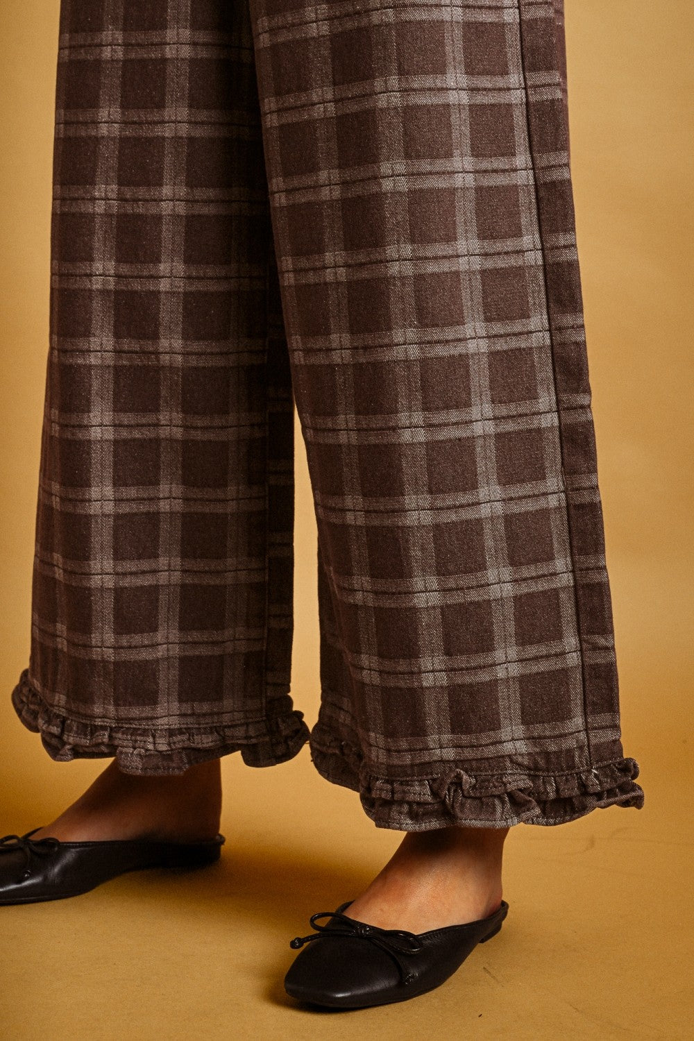 Marnie Plaid Ruffle Hem Pants - Chocolate