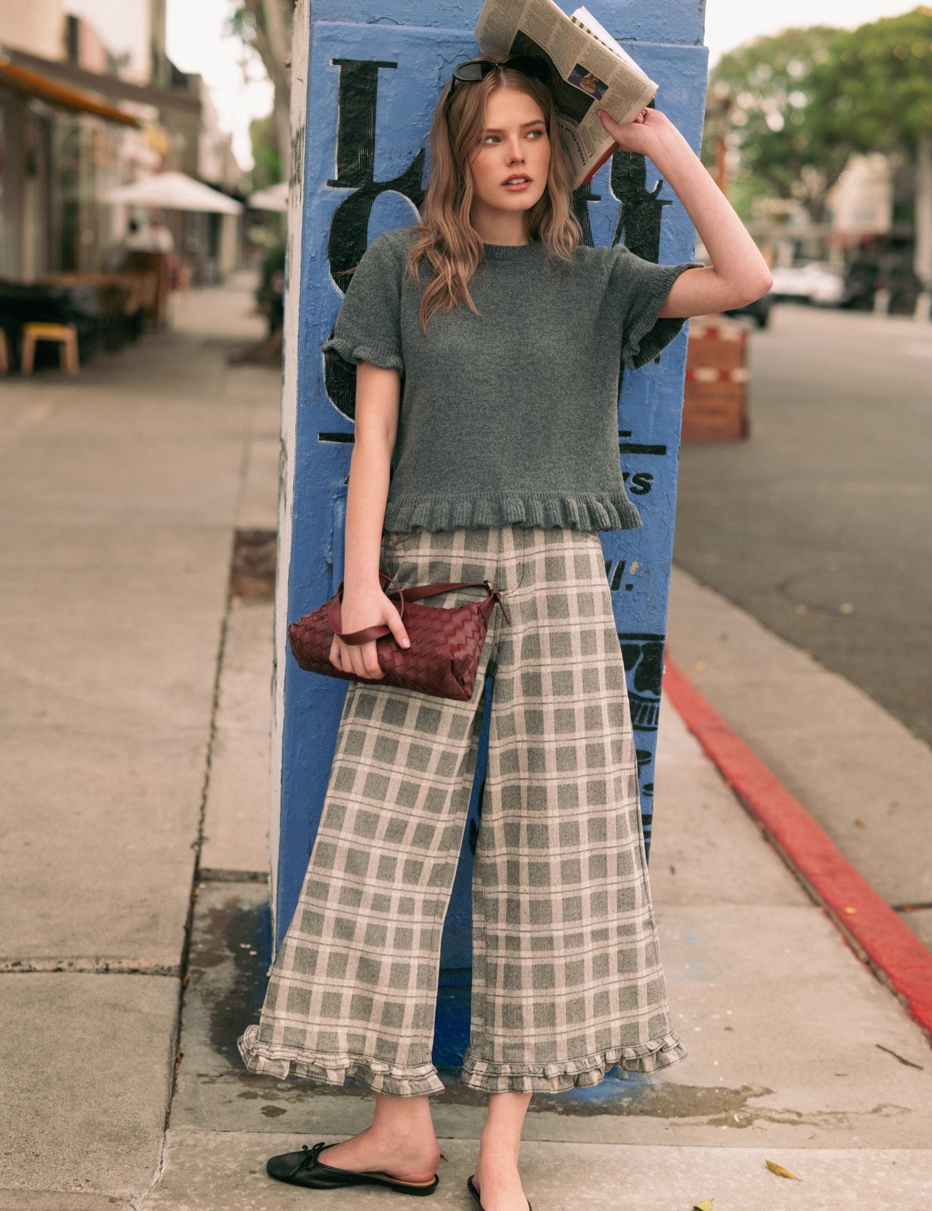 Marnie Plaid Ruffle Hem Pants - Grey