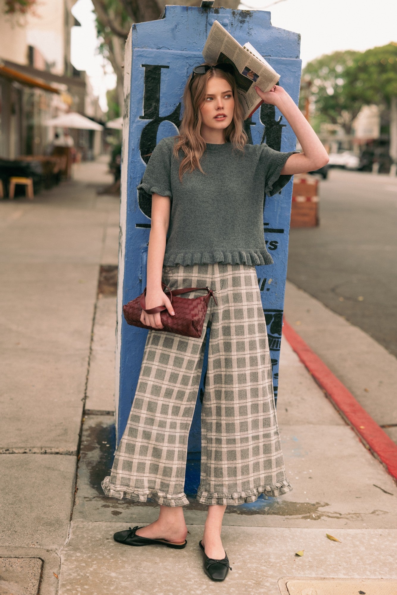 Marnie Plaid Ruffle Hem Pants - Grey