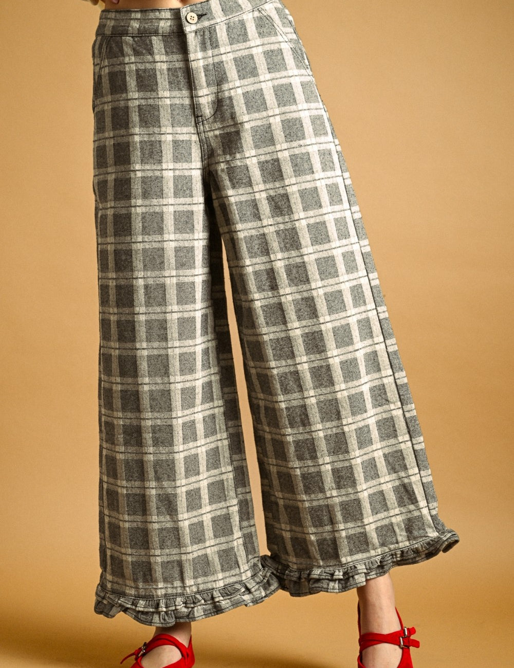 Marnie Plaid Ruffle Hem Pants - Grey