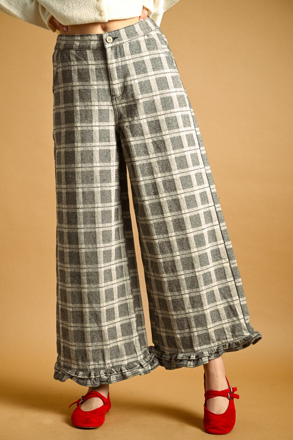 Marnie Plaid Ruffle Hem Pants - Grey