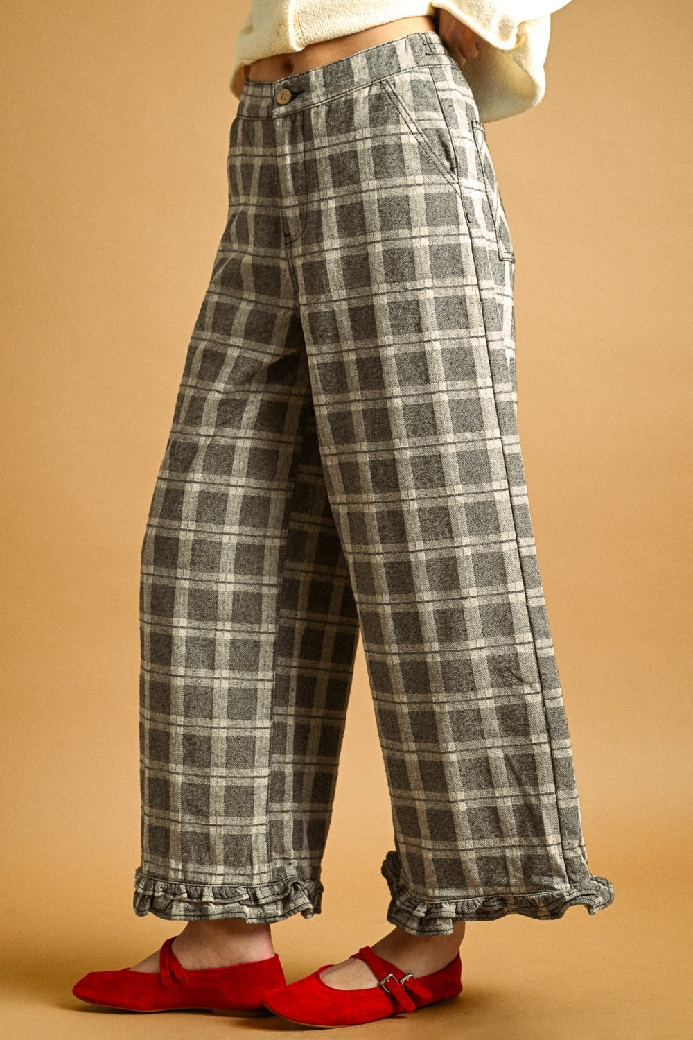 Marnie Plaid Ruffle Hem Pants - Grey
