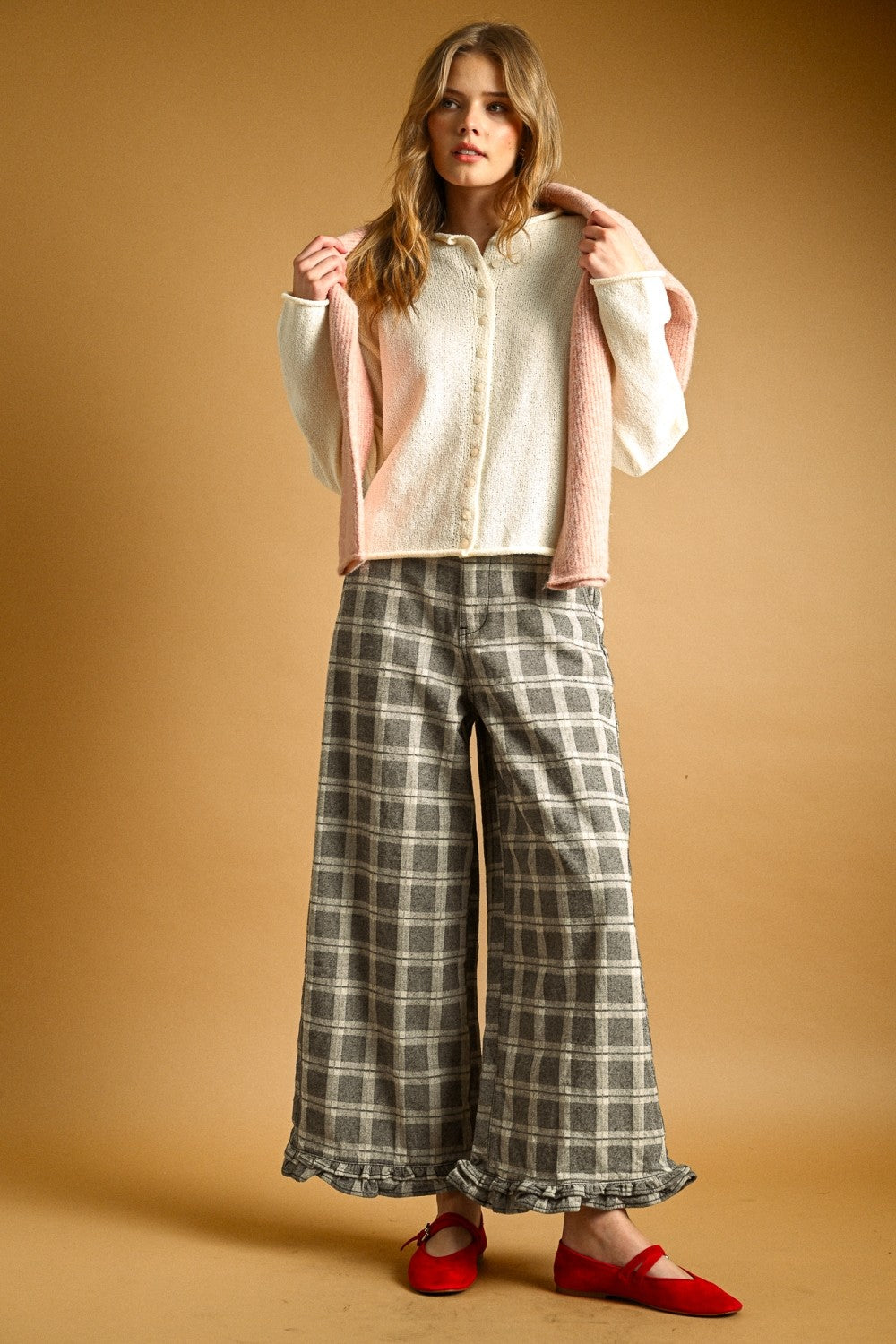 Marnie Plaid Ruffle Hem Pants - Grey