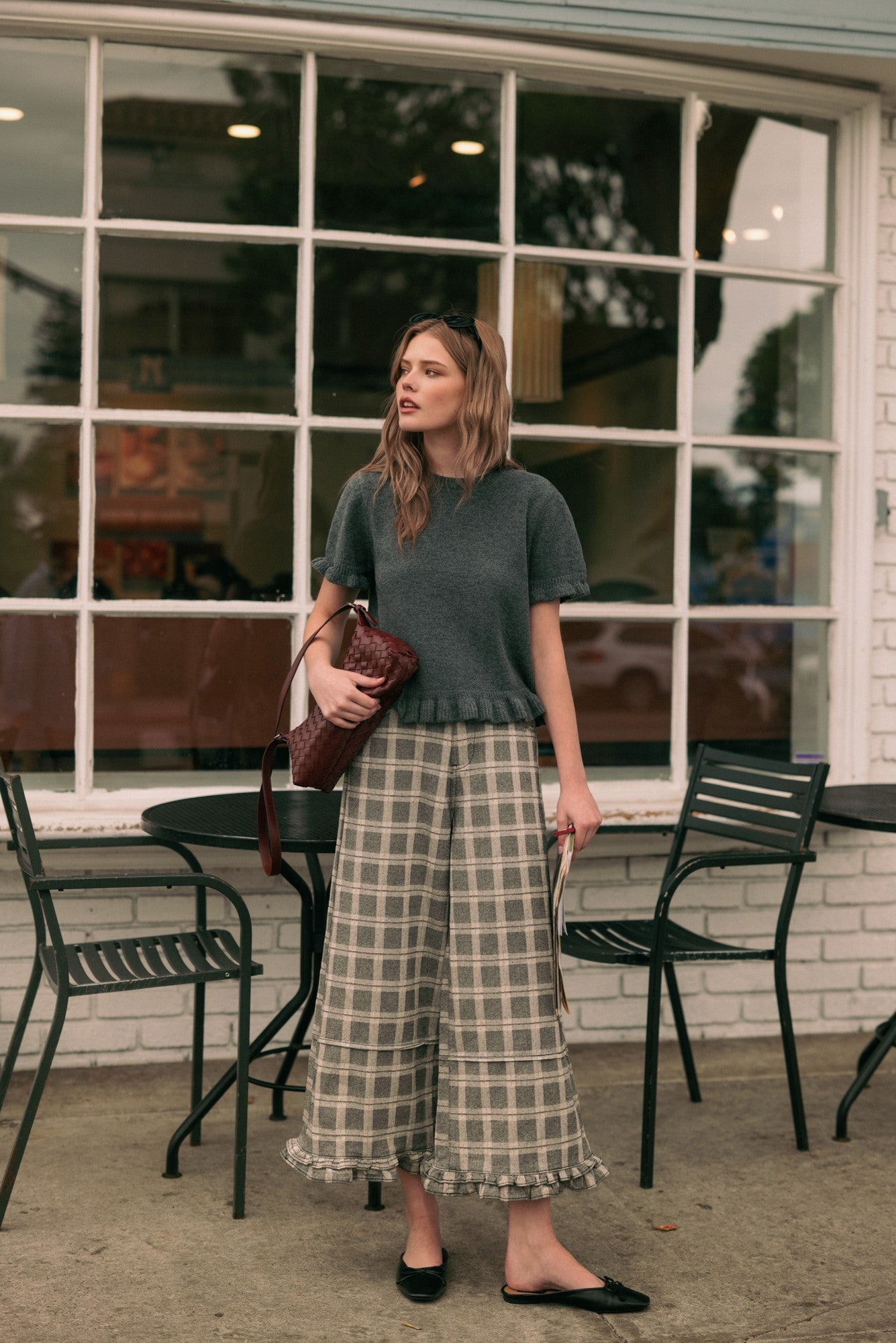Marnie Plaid Ruffle Hem Pants - Grey