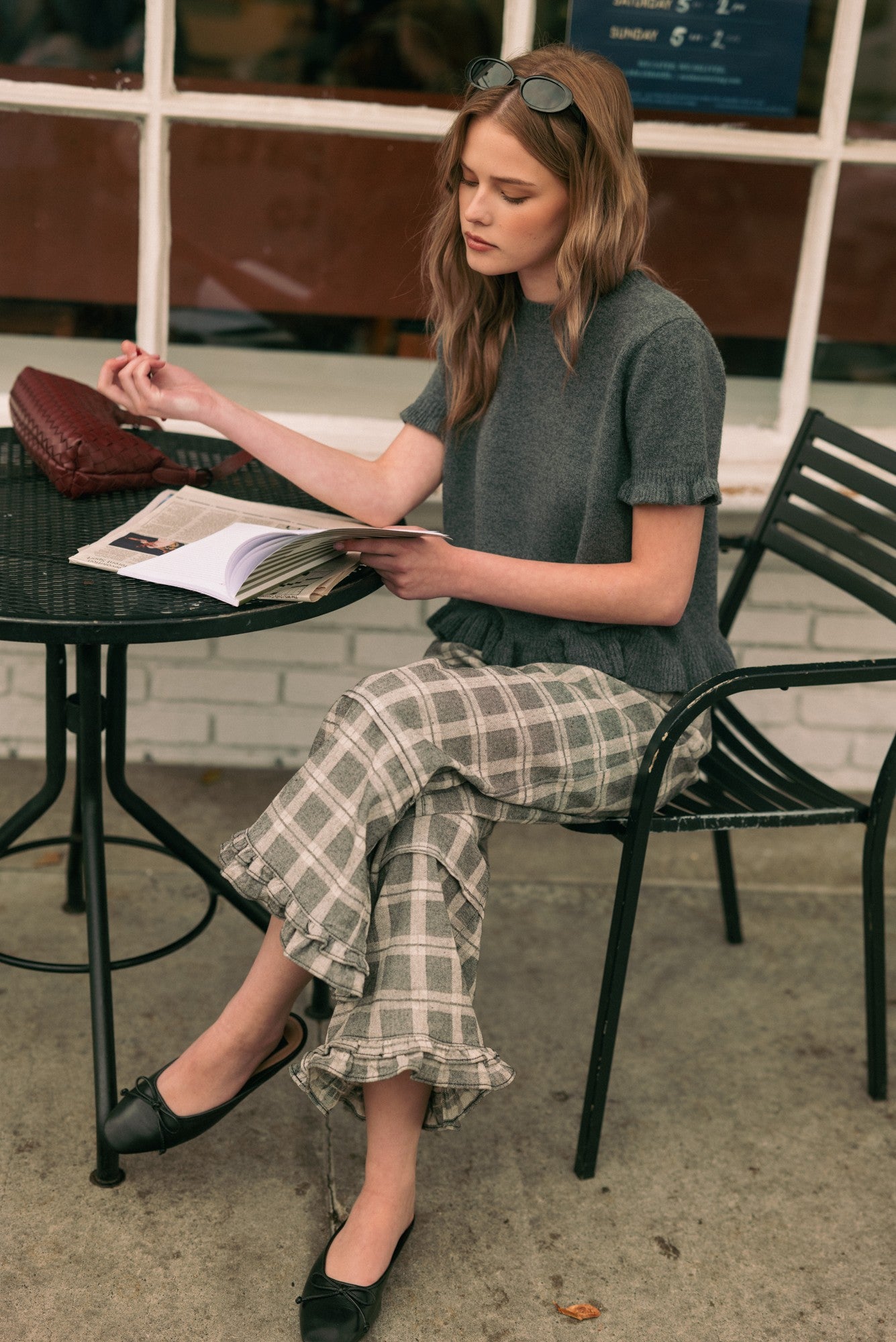 Marnie Plaid Ruffle Hem Pants - Grey