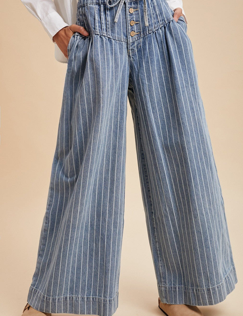 Marsha Striped Denim Pintuck Wide - Leg Pants - Westly