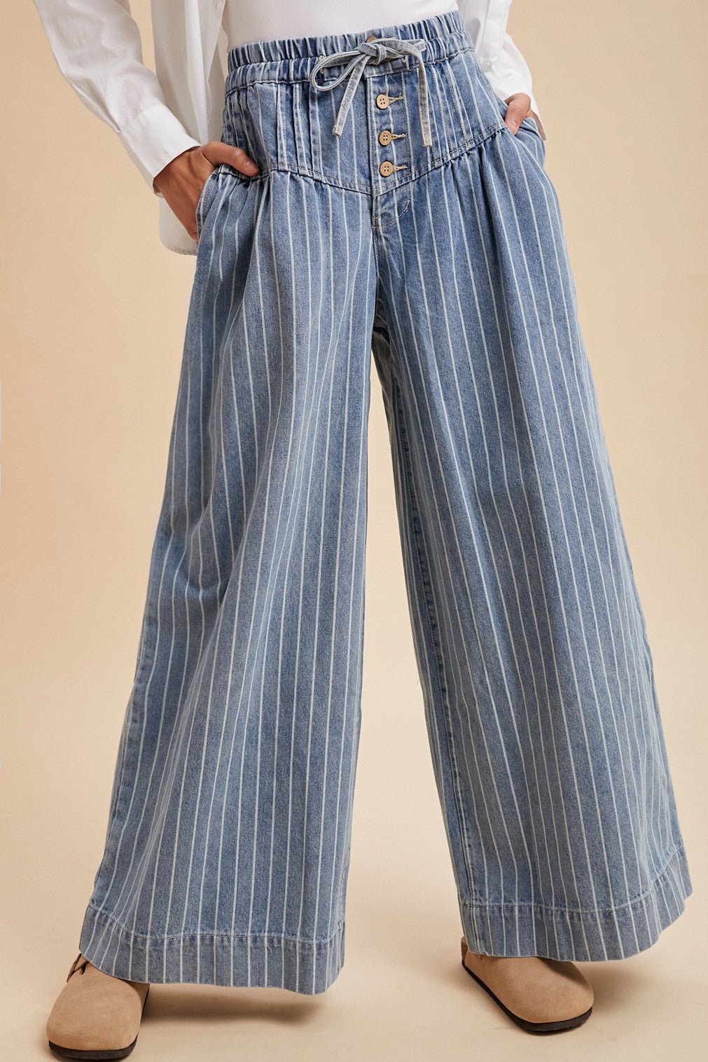 Marsha Striped Denim Pintuck Wide - Leg Pants - Westly