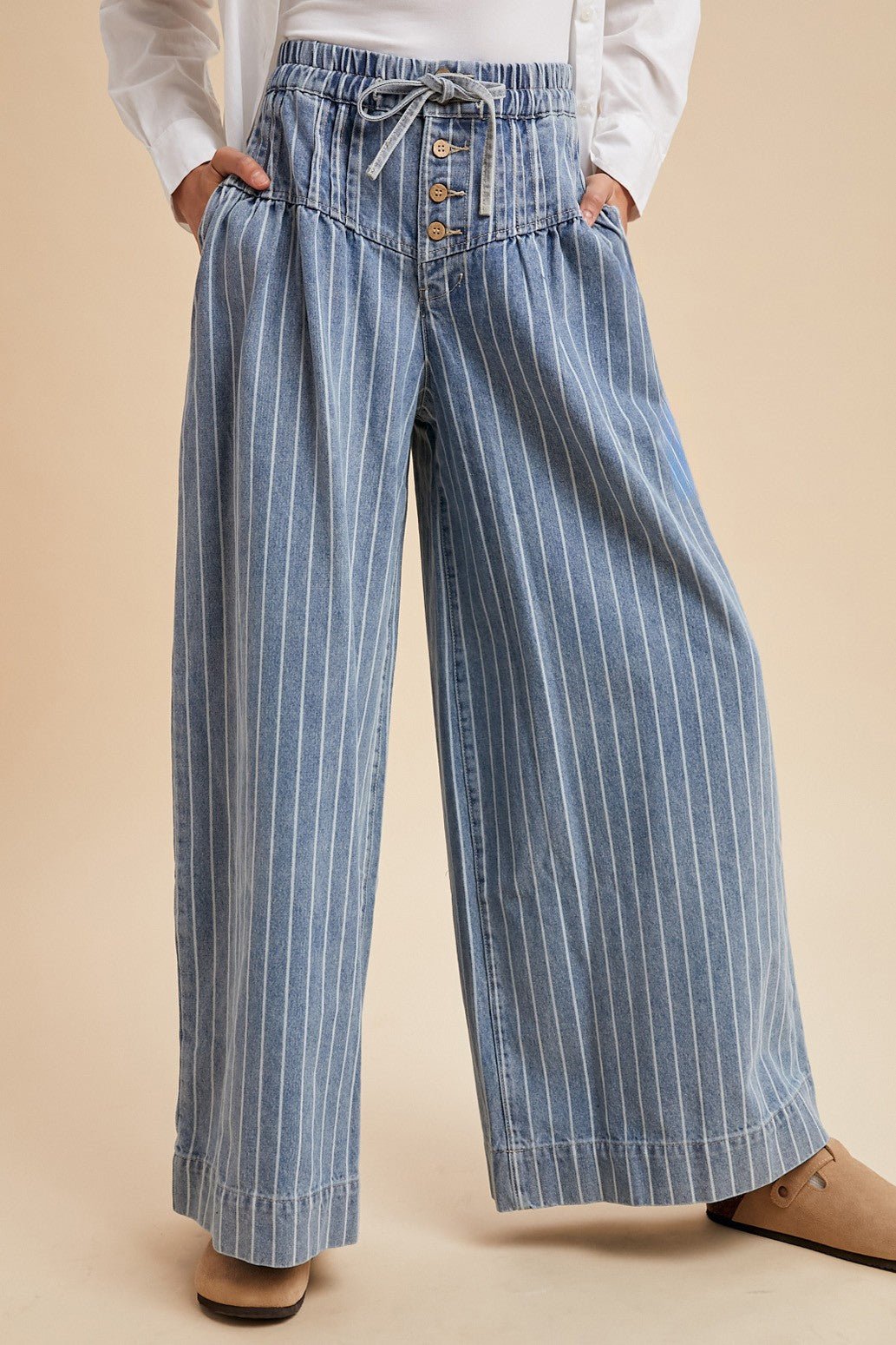 Marsha Striped Denim Pintuck Wide - Leg Pants - Westly
