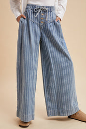 Marsha Striped Denim Pintuck Wide - Leg Pants - Westly