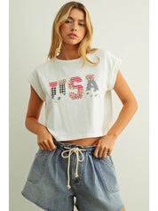 Mauve USA Patchwork Cropped Tee - Westly