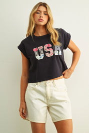 Mauve USA Patchwork Cropped Tee - Westly