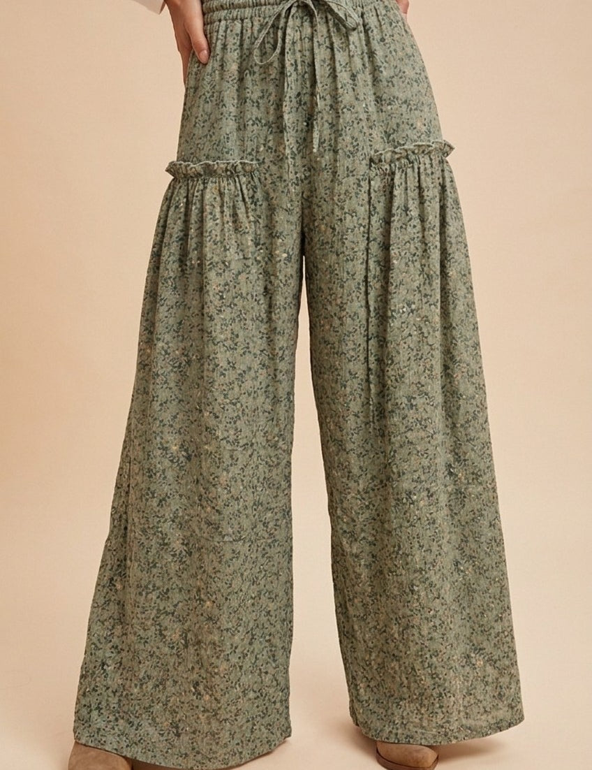 Meadow Drift Floral Palazzo Pants in Dried Sage - product photo 1