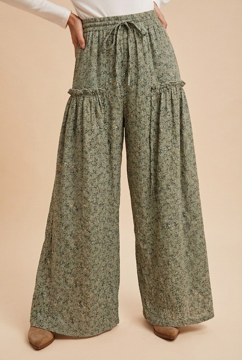 Meadow Drift Floral Palazzo Pants in Dried Sage - product photo 1