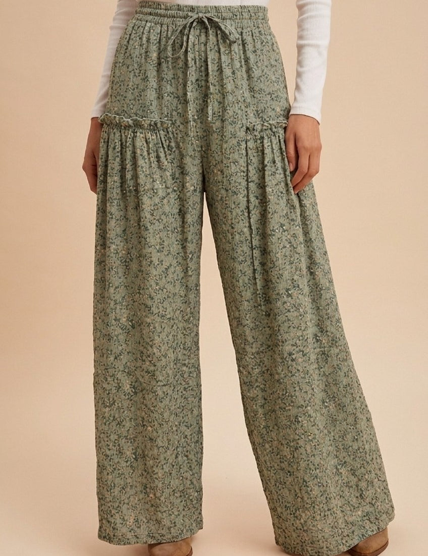 Meadow Drift Floral Palazzo Pants in Dried Sage - product photo 2