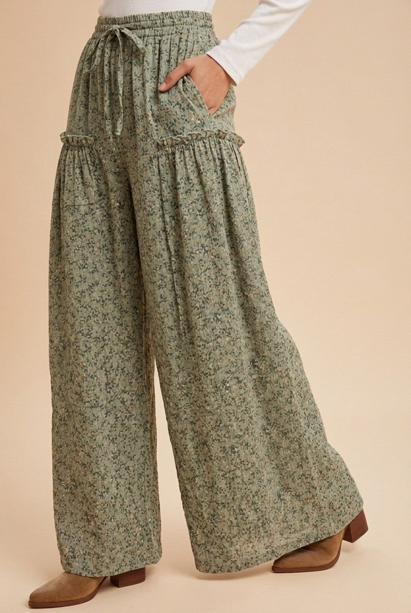 Meadow Drift Floral Palazzo Pants in Dried Sage - product photo 3