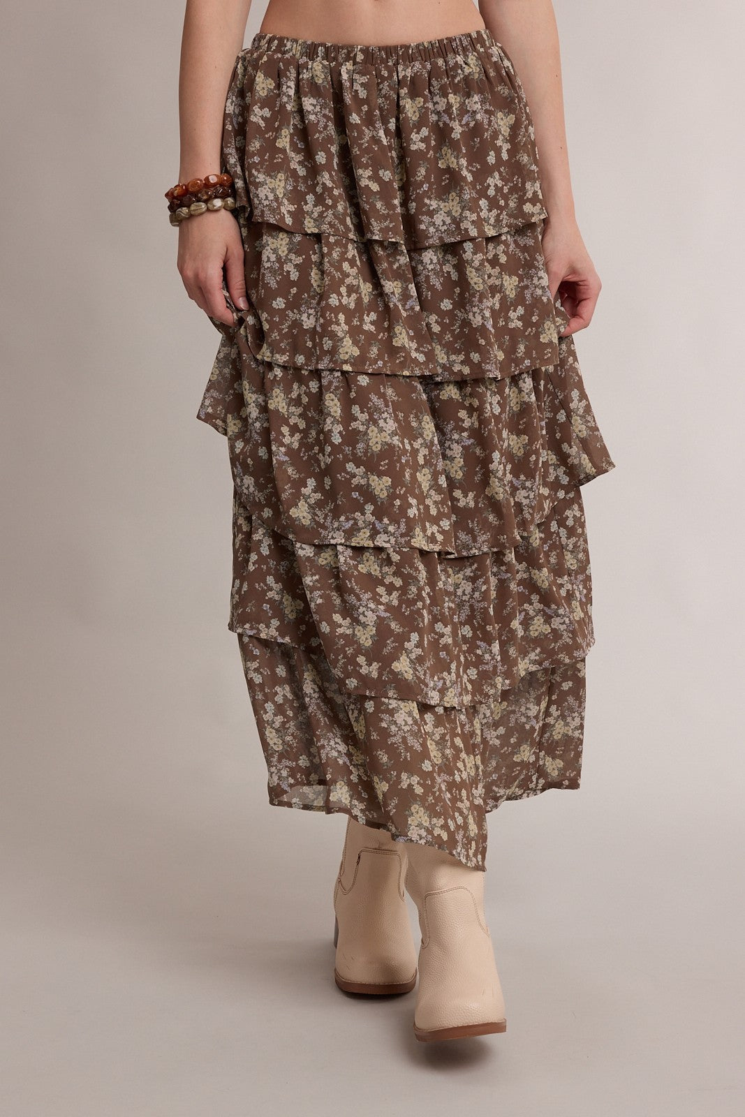 Meadowlark Floral Tiered Maxi Skirt - Hazelnut
