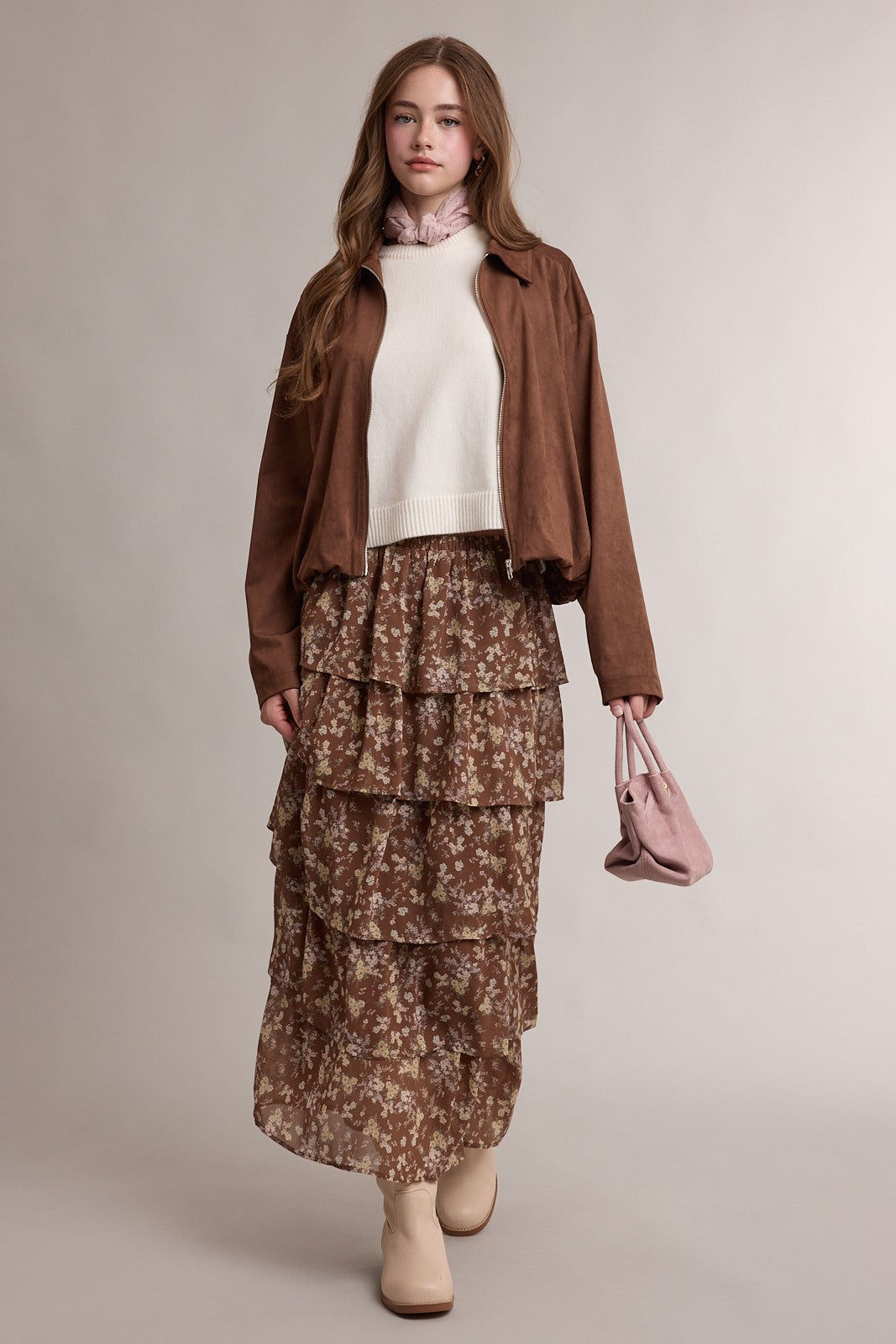 Meadowlark Floral Tiered Maxi Skirt - Hazelnut