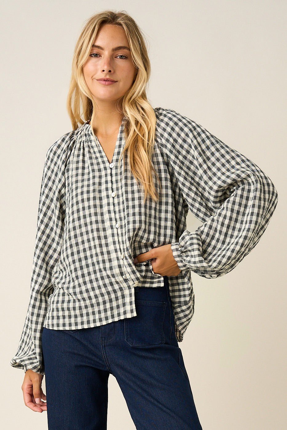 Merrion Gingham Puff Sleeve Blouse - Westly