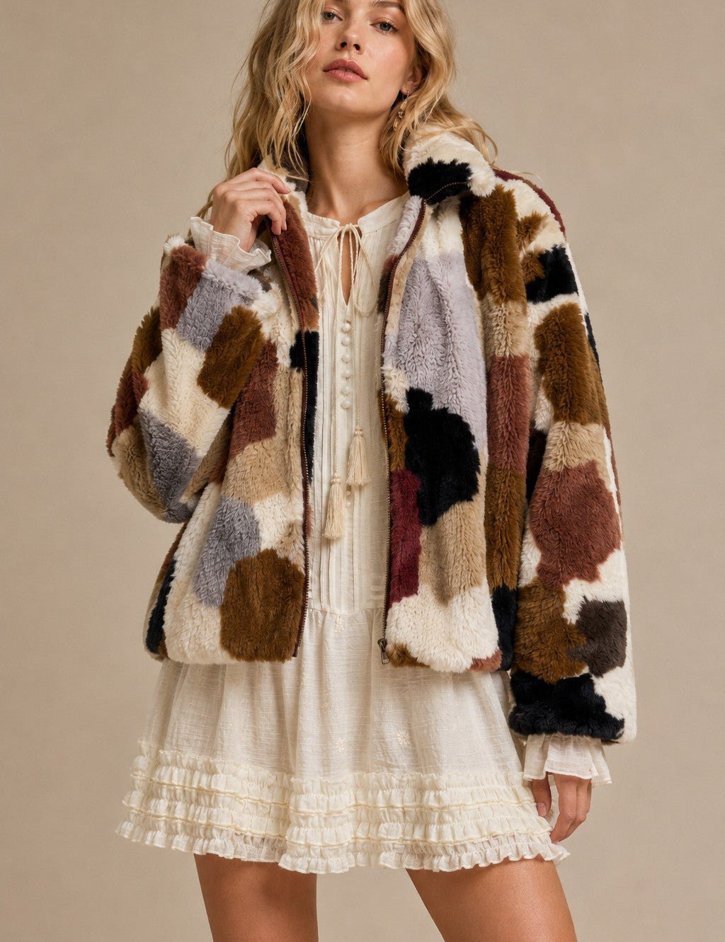Merritt Abstract Patchwork Faux Fur Jacket - Westly