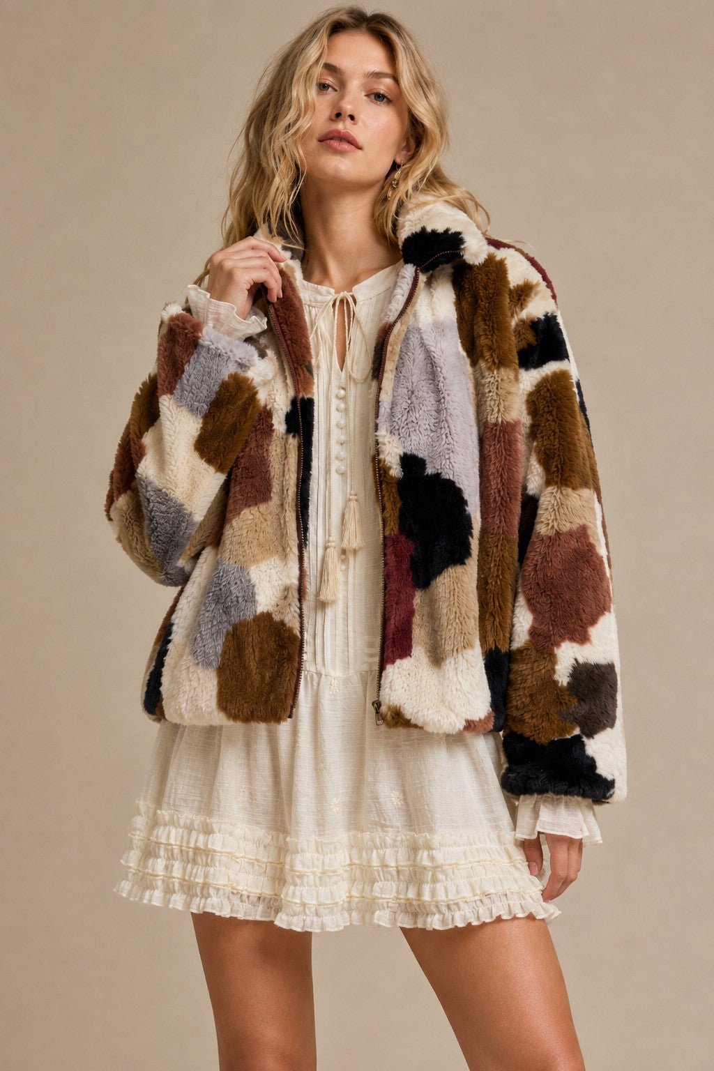 Merritt Abstract Patchwork Faux Fur Jacket - Westly