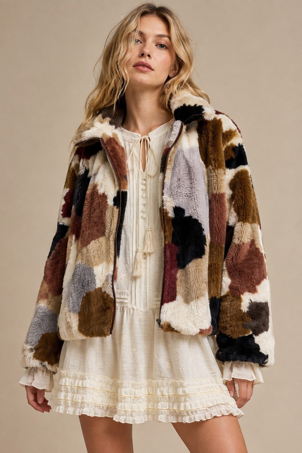 Merritt Abstract Patchwork Faux Fur Jacket - Westly