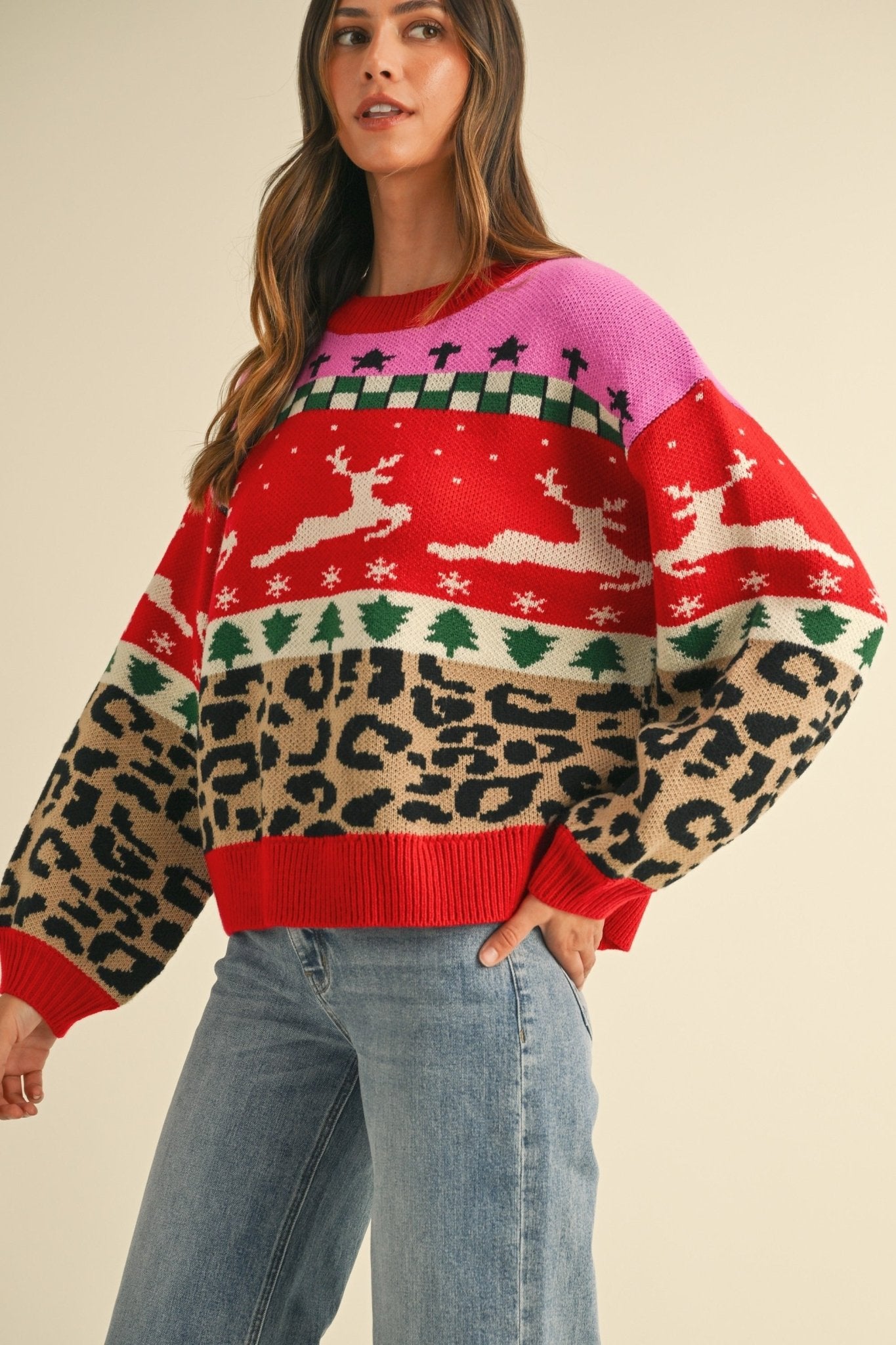 Merry Mischief Colorblock Leopard Jacquard Sweater - Westly