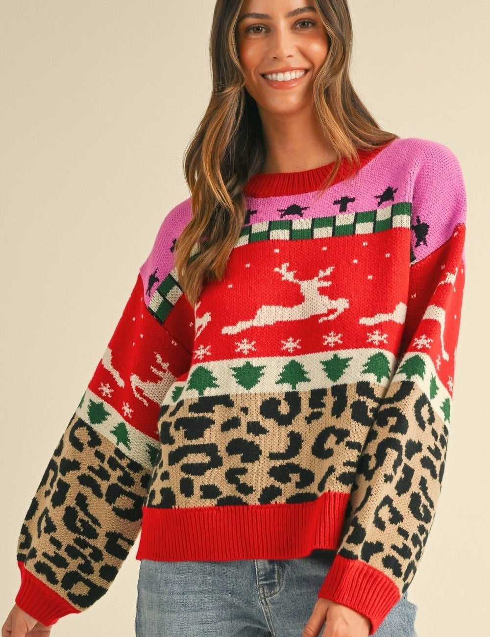 Merry Mischief Colorblock Leopard Jacquard Sweater - Westly