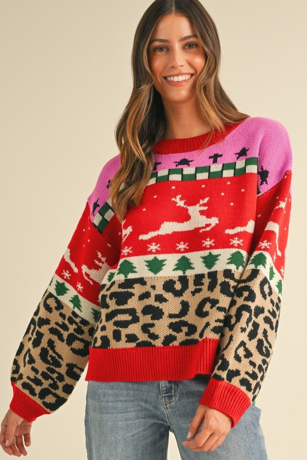 Merry Mischief Colorblock Leopard Jacquard Sweater - Westly