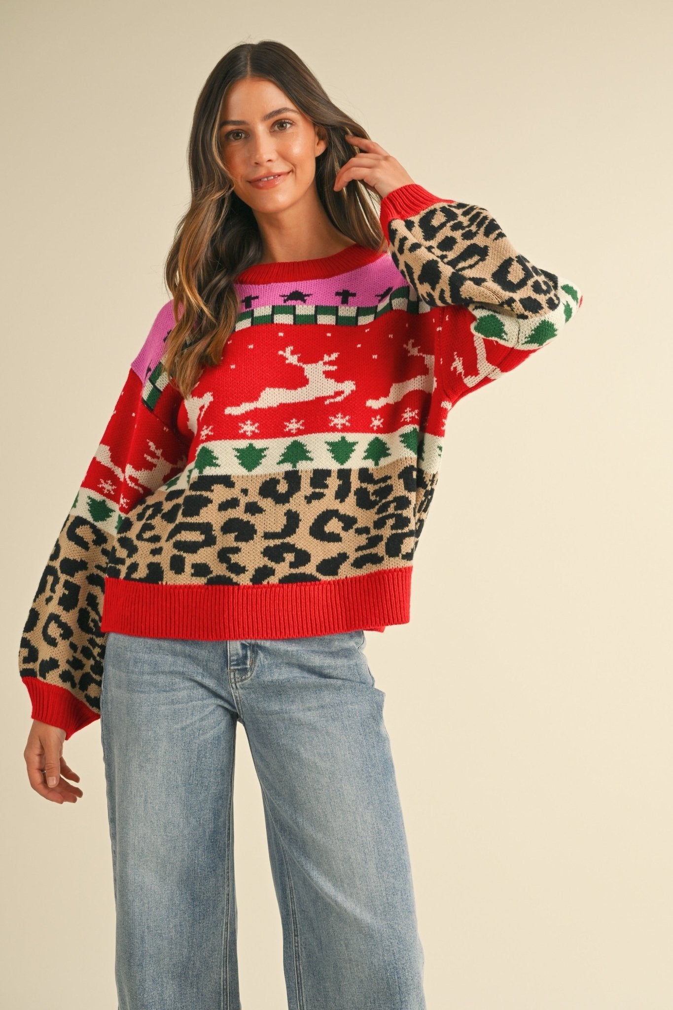 Merry Mischief Colorblock Leopard Jacquard Sweater - Westly