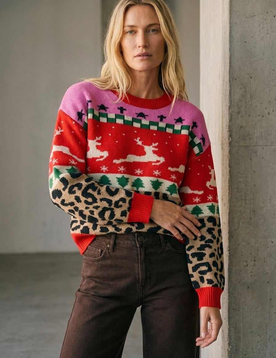 Merry Mischief Colorblock Leopard Jacquard Sweater - Westly