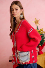 Merrymaker Chunky Knit Cardigan With Distressed Denim Pockets - Westly