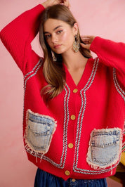 Merrymaker Chunky Knit Cardigan With Distressed Denim Pockets - Westly