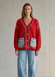 Merrymaker Chunky Knit Cardigan With Distressed Denim Pockets - Westly